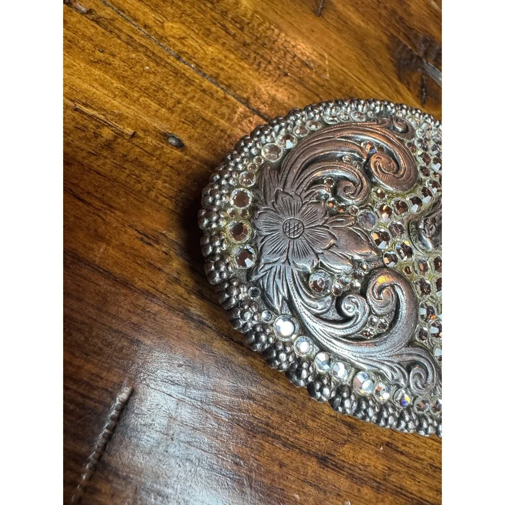 Nocona Silver Horse Head Rhinestone Western‎ Floral Scroll Oval Belt Buckle